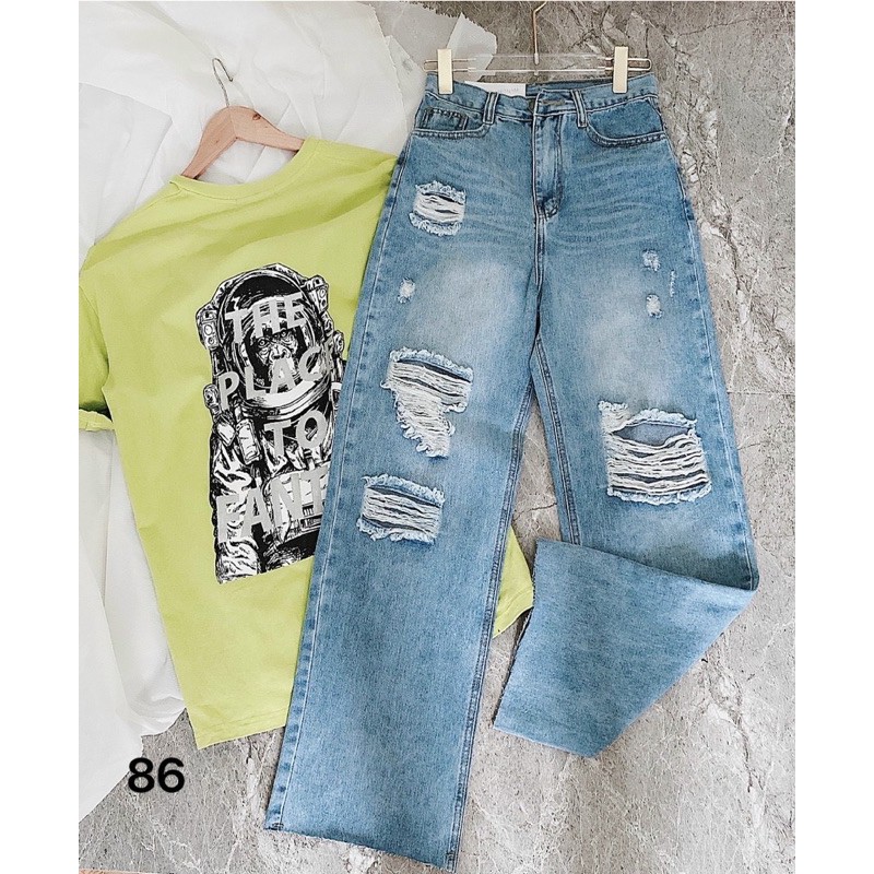 Quần jean baggy nữ rách lưng cao kiểu quần bò ống rộng bigsize MS86 thời trang jean 2Kjean