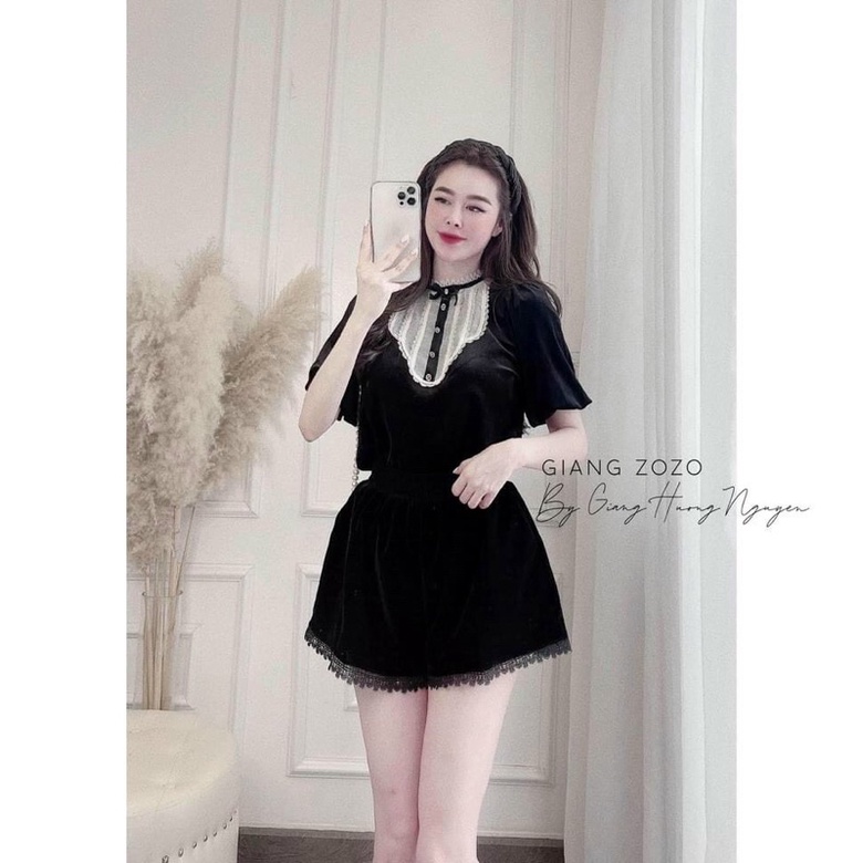 Áo nhung đen tay bồng phối nơ cổ