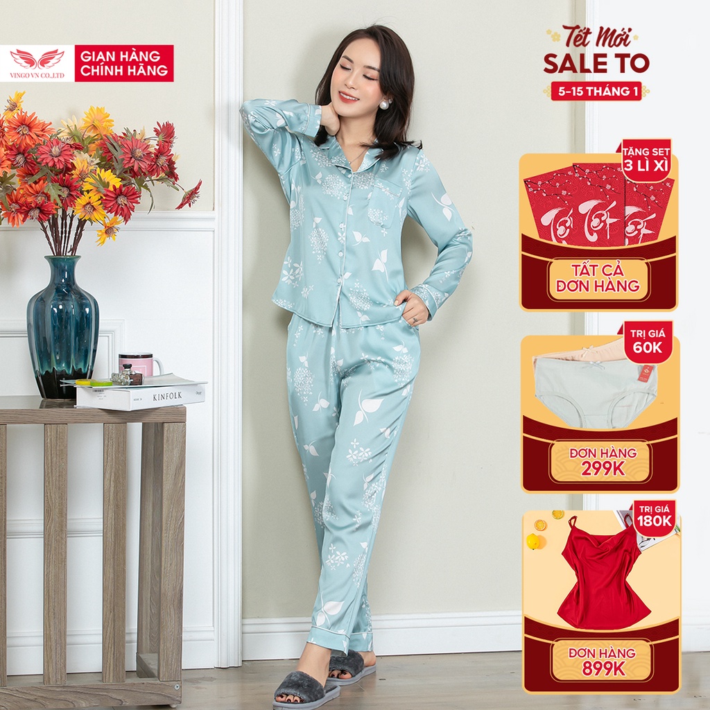 Đồ bộ ngủ nữ pyjama mặc nhà VINGO Lụa Pháp mềm cao cấp tay dài quần dài họa tiết chùm hoa xanh ngọc Thu Đông H580 VNGO | WebRaoVat - webraovat.net.vn