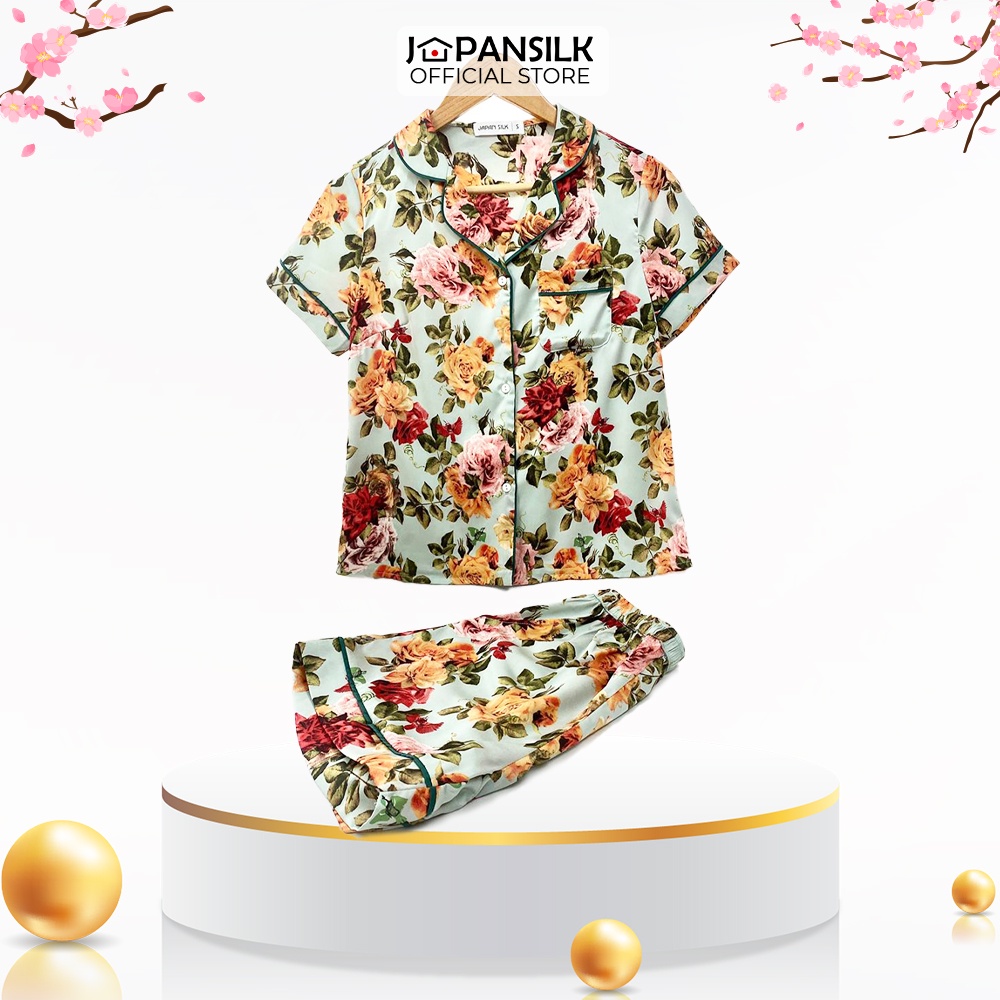 Đồ Ngủ Pijama Lụa Satin Cao Cấp JAPAN SILK Áo Cộc Quần Cộc Họa Tiết Hoa Hồng BC066