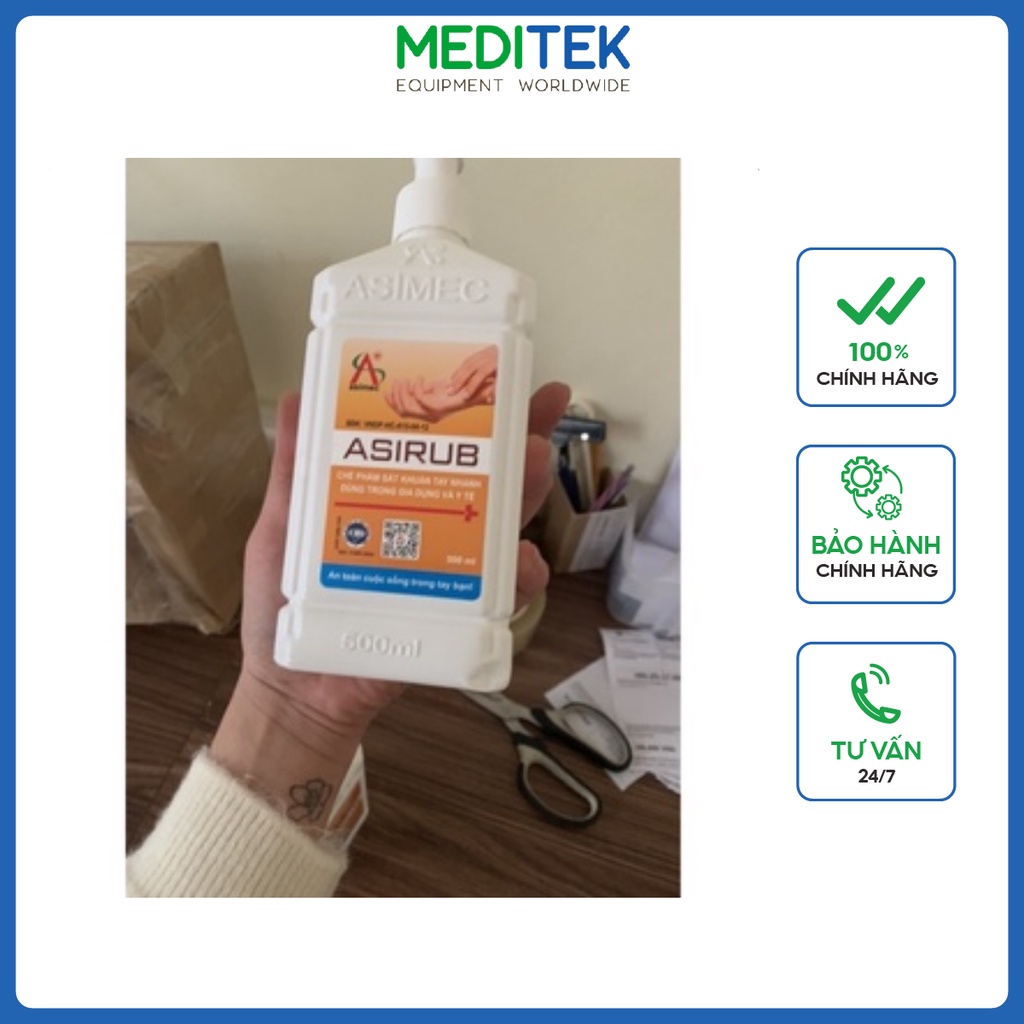 Nước sát khuẩn tay nhanh Asirub chính hãng Chai 500ml chứa cồn kết hợp với Chlorhexidine Digluconate.