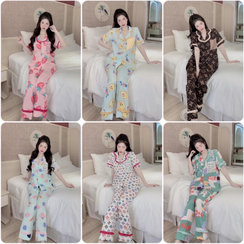 Đồ bộ Pyjama nữ lụa mango, Bộ tay ngắn quần dài cổ truyền thống nhiều hoạ tiết xinh ❤