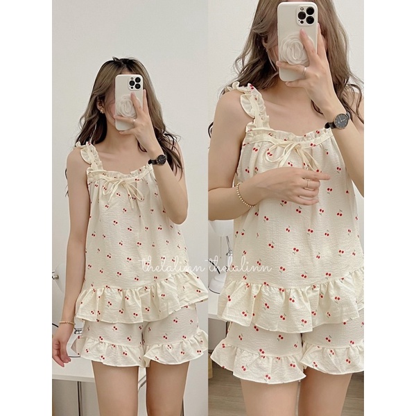 [ ẢNH THẬT ] Pyjama cánh tiên nơ hoạ tiết dễ thương. Bộ ngủ 2 dây phối nơ xinh xắn