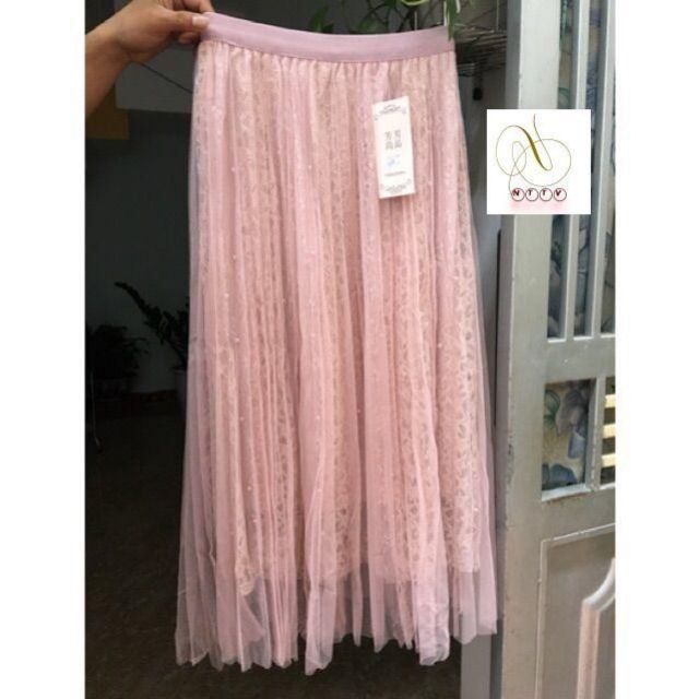 (Thanh Lý) Chân váy voan lưới midi công chúa - chân váy maxi nhung nhũ phủ voan đính ngọc hàng Quảng Châu