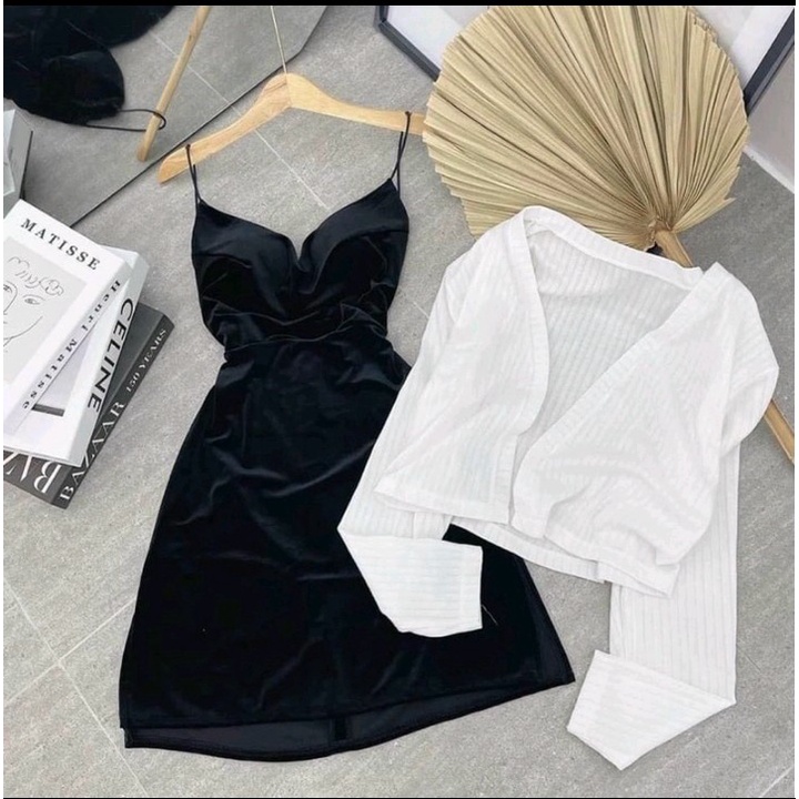 Đầm 2 dây có mút ngực chất vải Nhung+áo khoác chất vải Gân siu đẹp cam kết hàng y hình kèm ảnh chính chủ ( Size từ 40-53