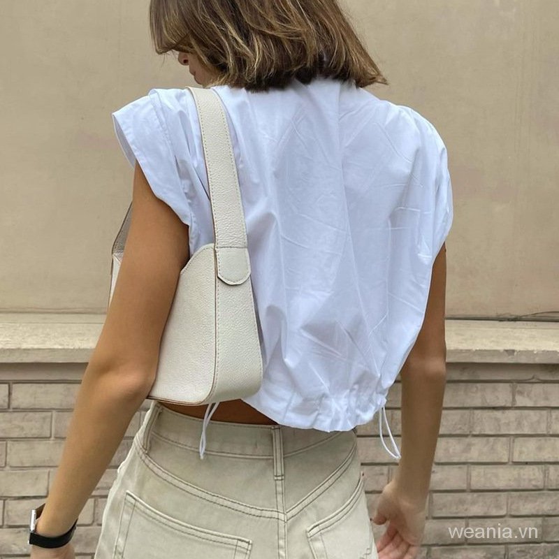 Áo Croptop Tay Ngắn Cổ Bẻ Phối Nút Thời Trang Cá Tính Cho Nữ