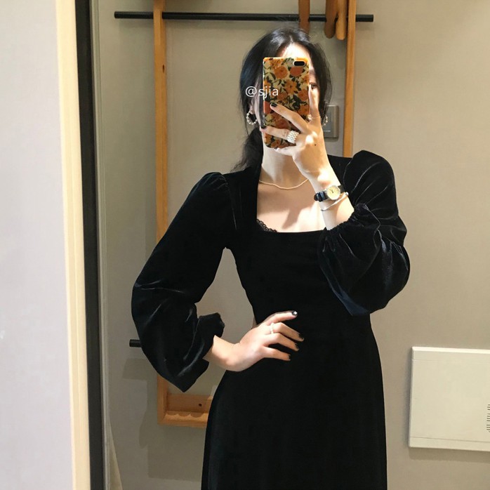 (ORDER) Váy nhung xòe dài tay cổ vuông bo eo sang chảnh kiểu Pháp đơn giản | BigBuy360 - bigbuy360.vn