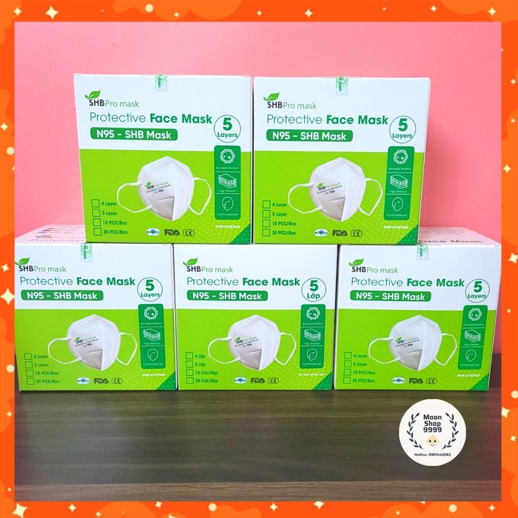 Khẩu trang N95, khẩu trang kháng khuẩn, màu trắng 5 lớp không van, SHB pro mask, chống nắng, lọc bụi mịn - Hộp 20 cái