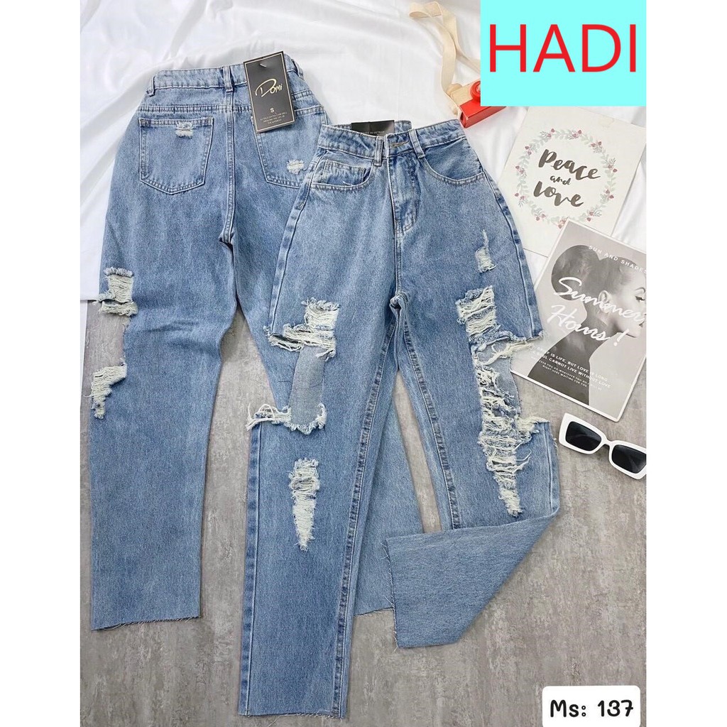 [ FREESHIP ] QUẦN BAGGY JEAN NỮ LƯNG CAO MÀU XÁM ĐEN RÁCH TE TUA CAO CẤP HADI-NL137 ĐEN