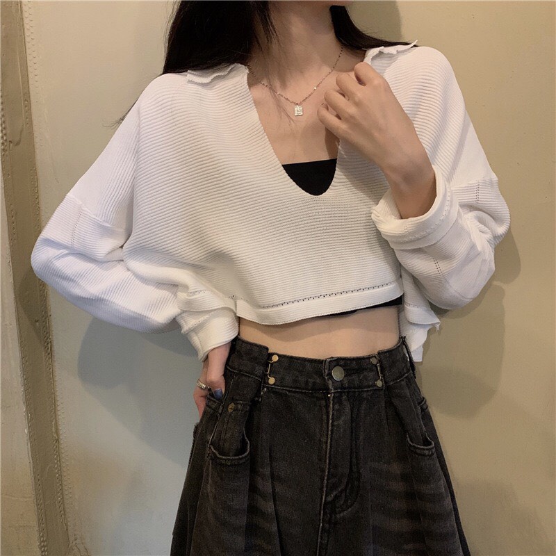 áo croptop len tăm dài tay cổ V