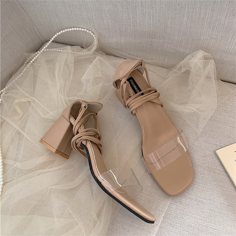 Giày sandals cao gót phối trong suốt thiết kế dây cột cổ chân thời trang mùa hè cho nữ