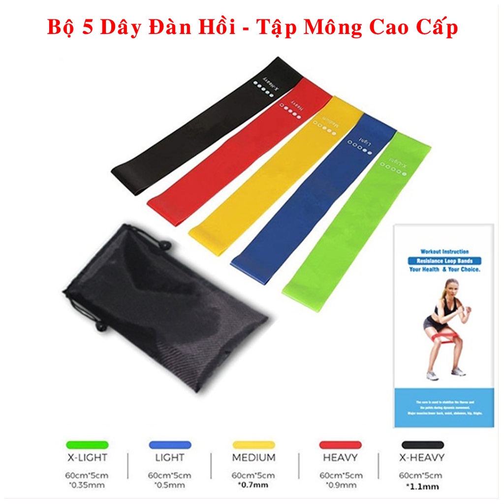 Bộ 5 Dây Đàn Hồi, Dây Kháng Lực Tập Gym Tập Thể Thao Tập Mông Cao Cấp Amalife