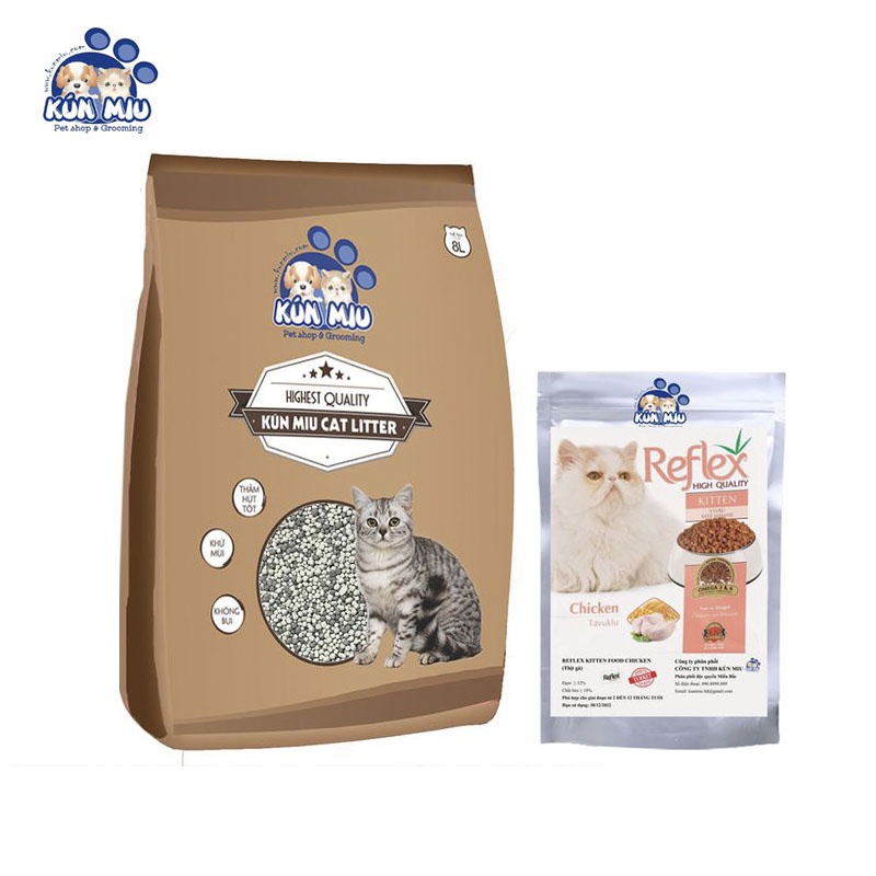 combo cát Kunmiu 8l cafe và thức ăn reflex kitten 1kg