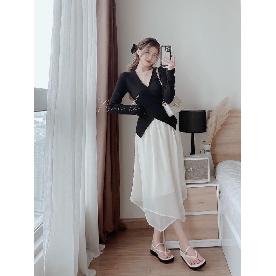 Set Áo Cổ Tim Tay Dài Vạt Chéo Tà Và Chân Váy Có Lót
