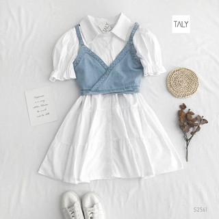 Set đầm sơ mi + ghi lê xanh