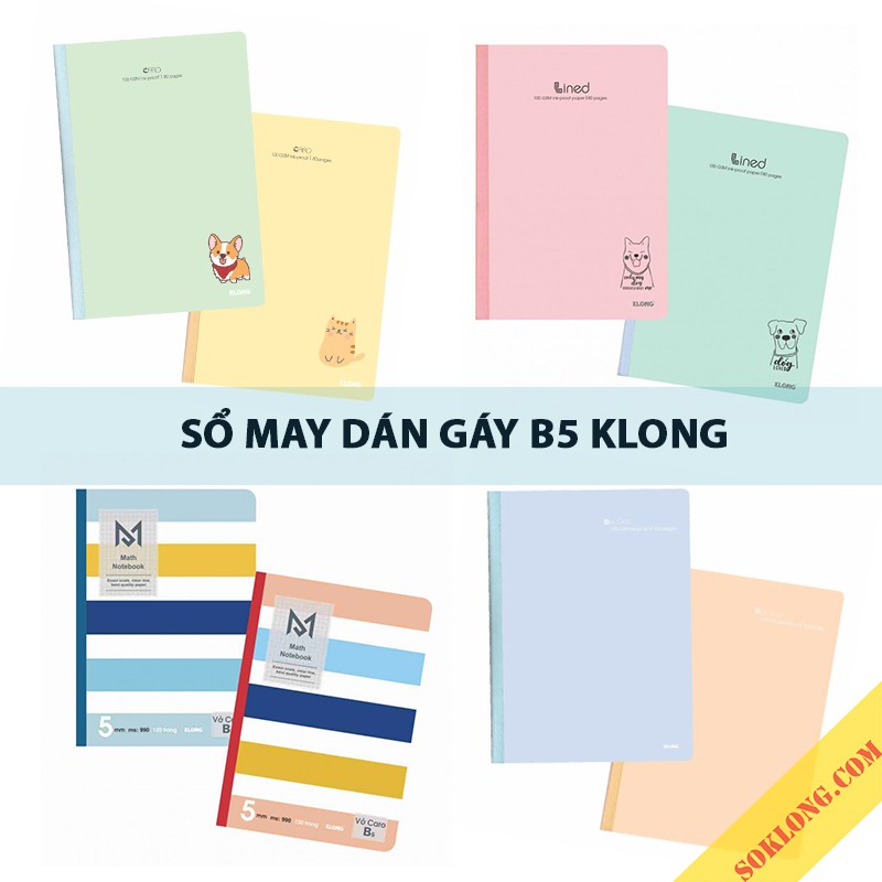 Sổ may dán gáy B5 Klong giấy caro/ dotgird/ kẻ ngang nhiều mẫu, cuốn tập vở Klong