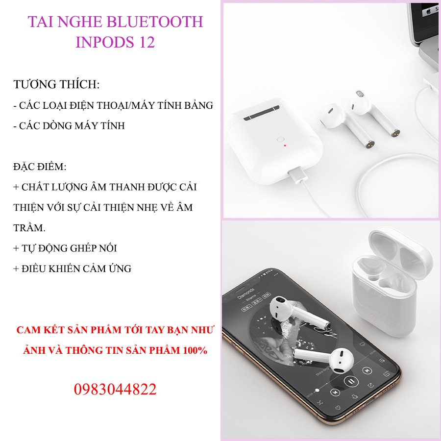 Inpods 12 Tai nghe Bluetooth Bản Quốc Tế Kava Store Âm Thanh Trầm Ấm - Được Chọn Màu Tai Nghe