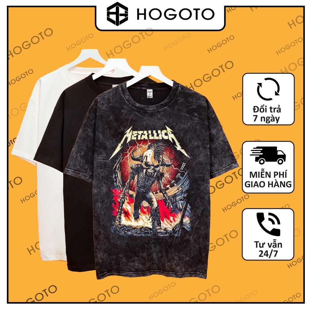 Áo thun Wash loang Metallica đầu trâu Hogoto shop , Áo thun unisex nam nữ form rộng oversize chất liệu Cotton