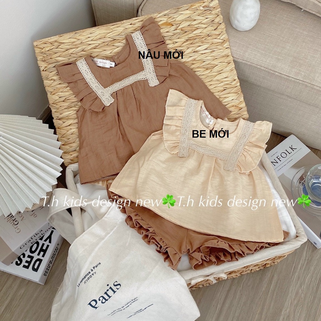 Bộ bé gái chất đũi cổ ren vuông trắng tay cánh tiên XHN921