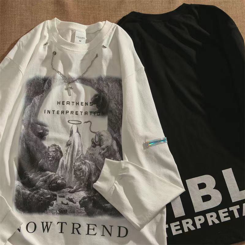 Áo Thun Sweater Phối Dây Xích Kiểu Retro Âu Mỹ Thời Trang Xuân Thu Cho Nam