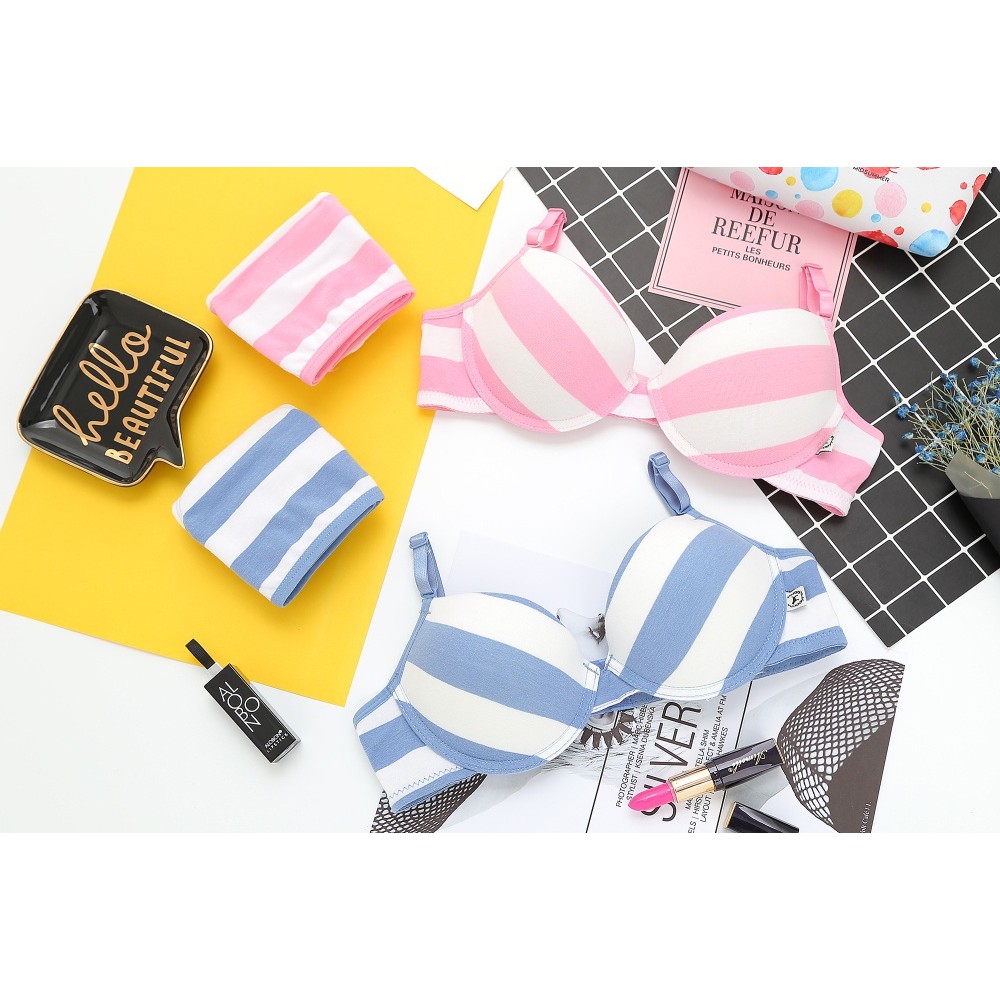 BỘ ĐỒ LÓT NỮ COTTON SỌC KẺ ĐỆM MỎNG CÓ GỌNG | BigBuy360 - bigbuy360.vn