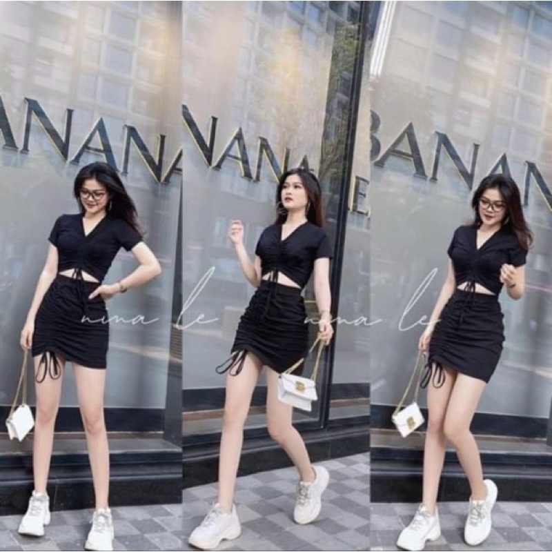 Váy body khoét ngực dây rút hông lạ mắt, Đầm ôm tay dài dây rút 2 bên