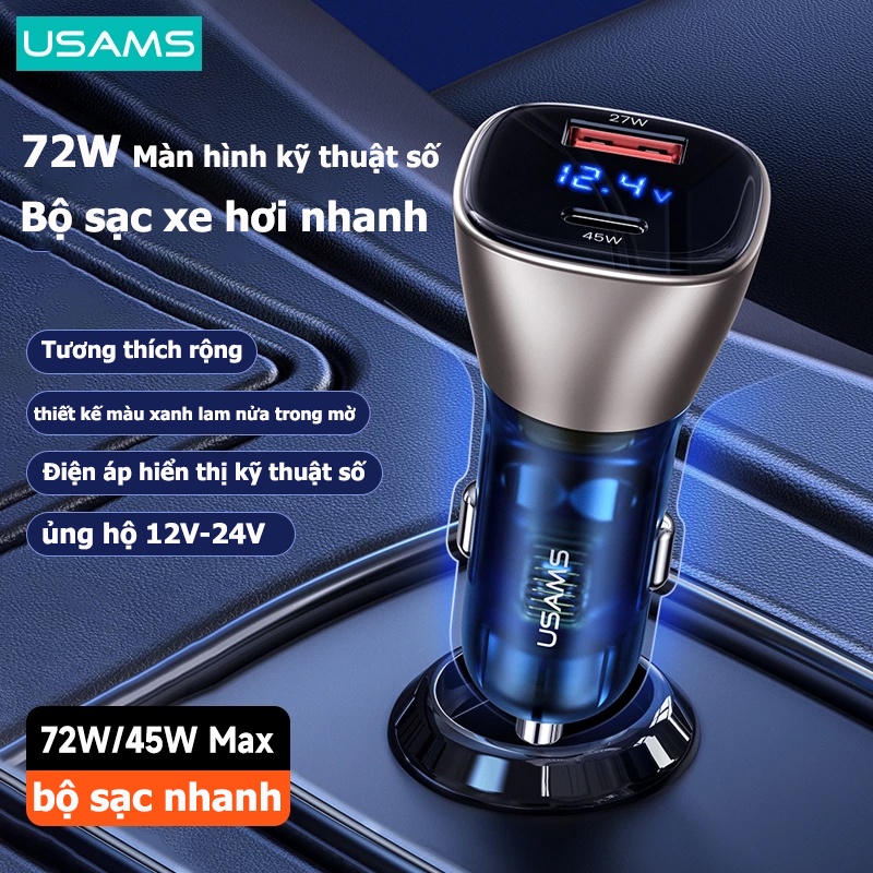 Usams Thiết Bị Sạc Nhanh Điện Thoại / Máy Tính Bảng 72W 45W PD QC 3.0 AFC FCP Màn Hình Kỹ Thuật Số Cho Xe