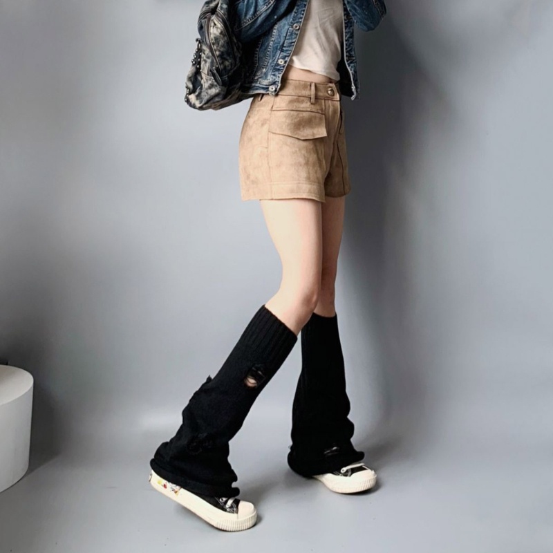 YOUYO Baggy Knee High Socks for Women Solid Color Knit Ripped Holes Flared Leg Warmers