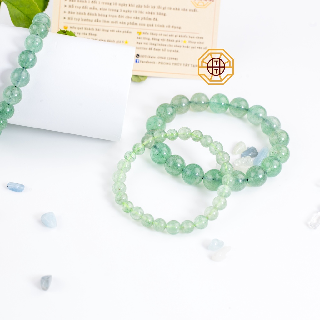 Vòng tay phong thủy Đá T Anh Dâu Tây Xanh [TẶNG HỘP GỖ CAO CẤP] 6 8 10 li cho nữ mệnh Mộc Hỏa - Phong Thủy Tây Tạng