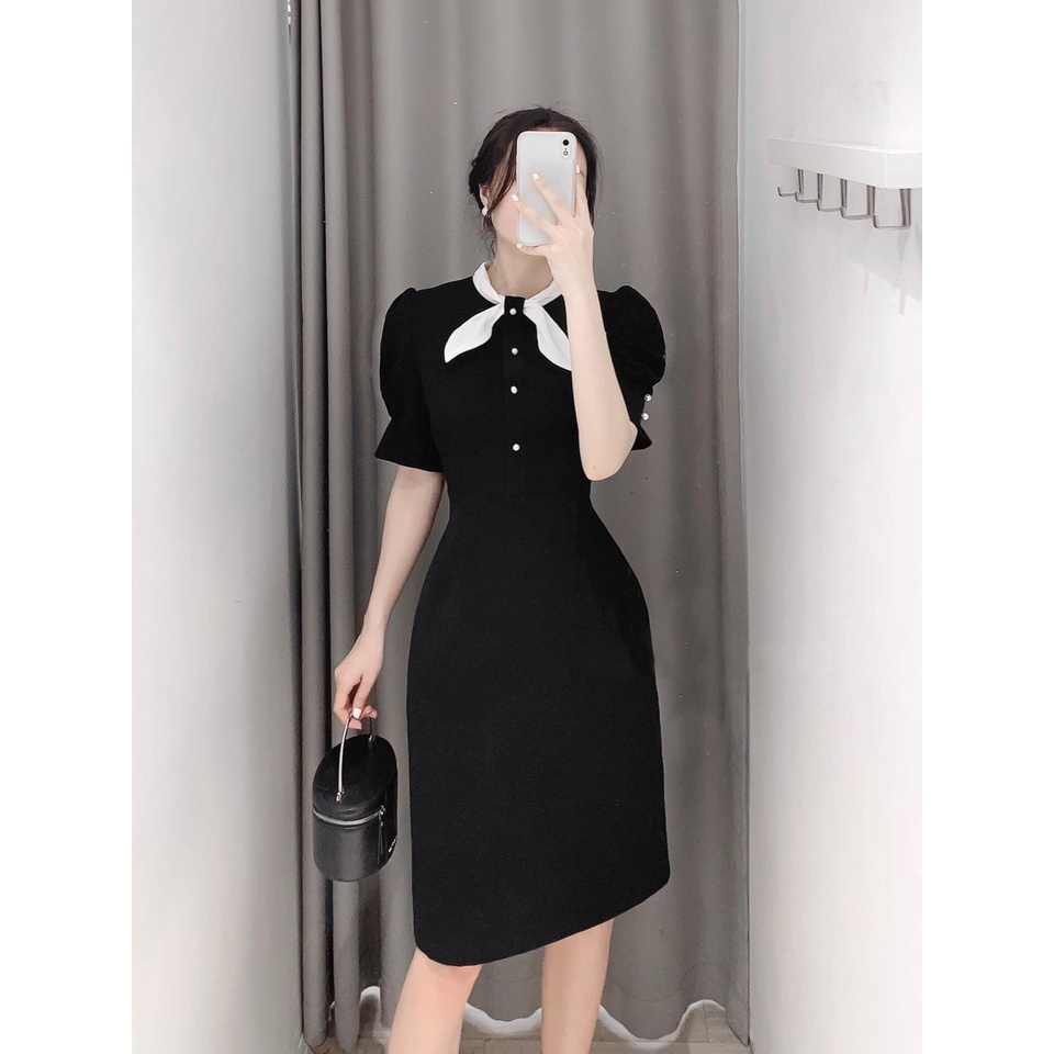 Đầm công sở thiết kế phối cổ nơ trắng đính cúc ngọc dáng ôm eo 066