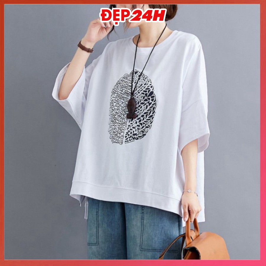 Áo thun unisex form rộng, Áo phông tay lỡ Đẹp 24 giờ, chất liệu thun cotton co giãn, in hình Lá Sa Kê