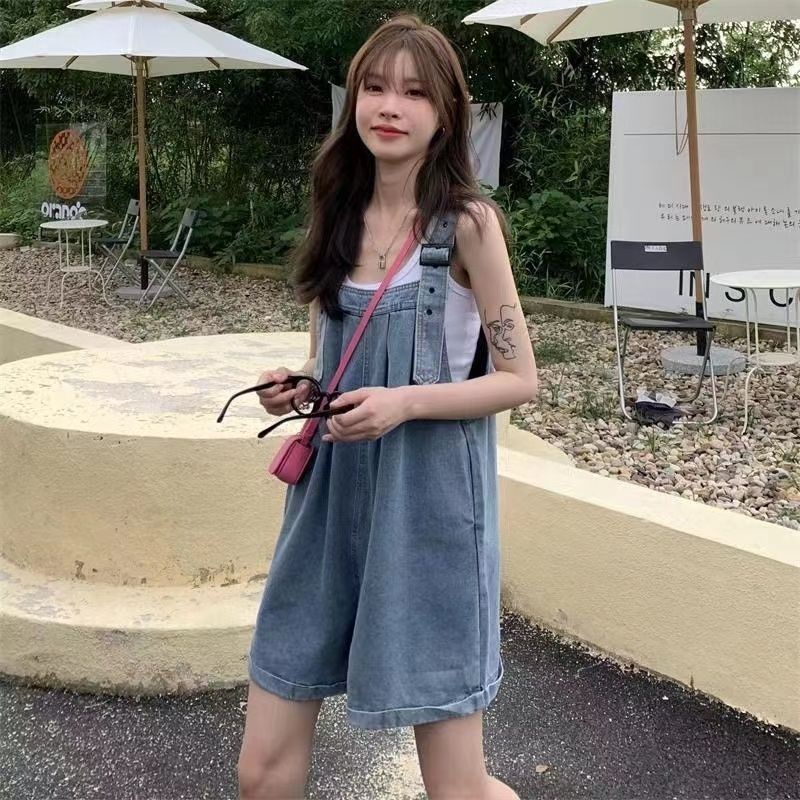 Quần Yếm Denim Ngắn Ống Rộng Dễ Thương Thời Trang Mùa Hè 2022 Dành Cho Bạn Nữ