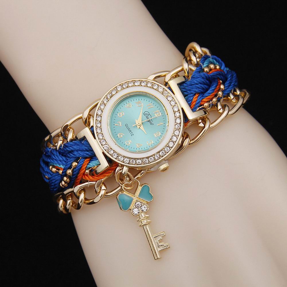Đồng hồ đeo tay dây bện mặt đá thạch anh tròn mạ kim cương kiểu dân tộc sang trọng cho nữ