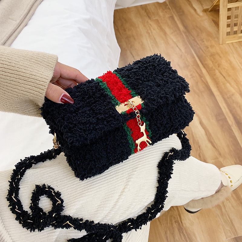 Túi len tự đan, túi đeo chéo len xù phối sọc đỏ thời trang sang trọng - Bộ phụ kiện đầy đủ LX206