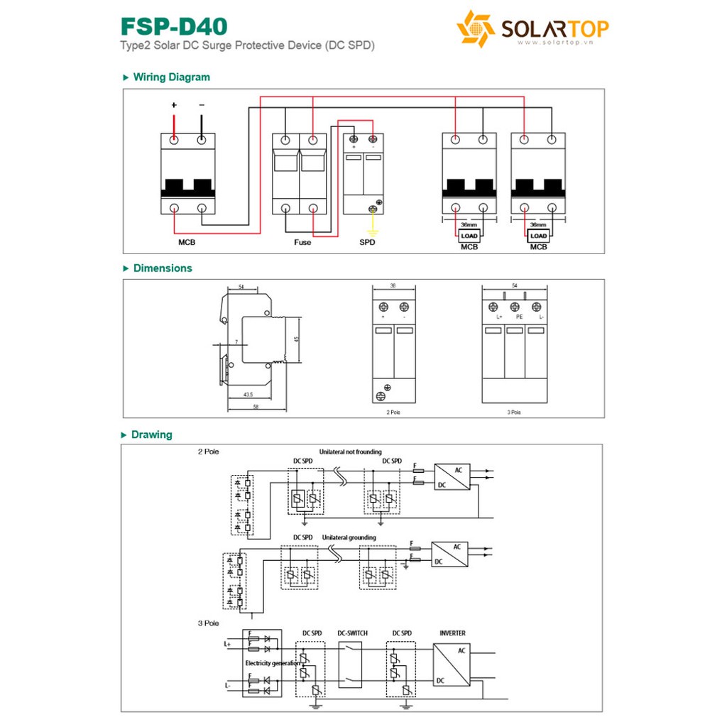 Chống sét lan truyền DC 2P 600V / 3P 1000V hãng FEEO mã FSP-D40 cho hệ thống điện mặt trời