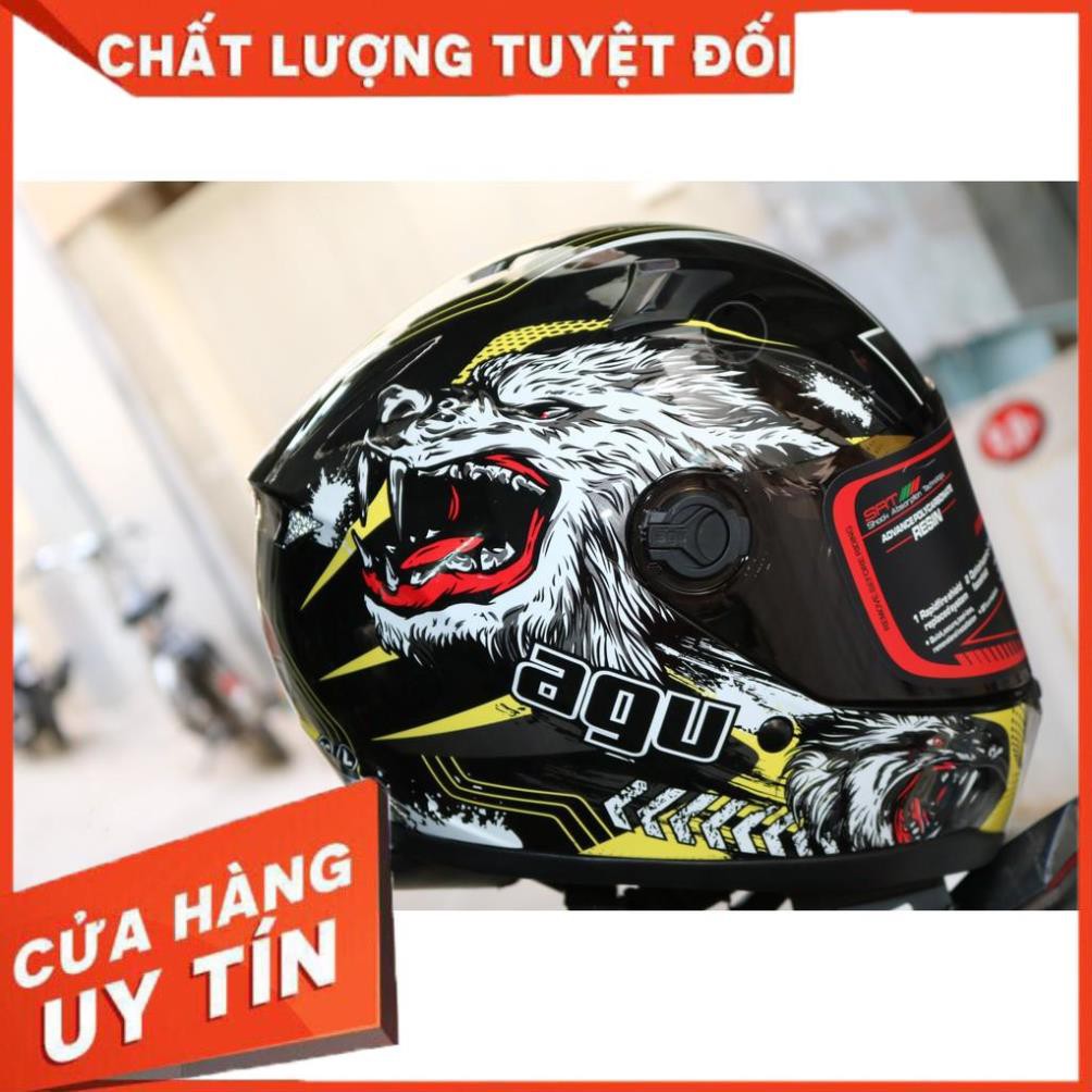 Combo Mũ Fullface Agu Tem Sói + Đuôi Gió AGV + Sừng Rùa | Nhựa ABS Dẻo Độ Bền Cao,Kính Chông RiBô