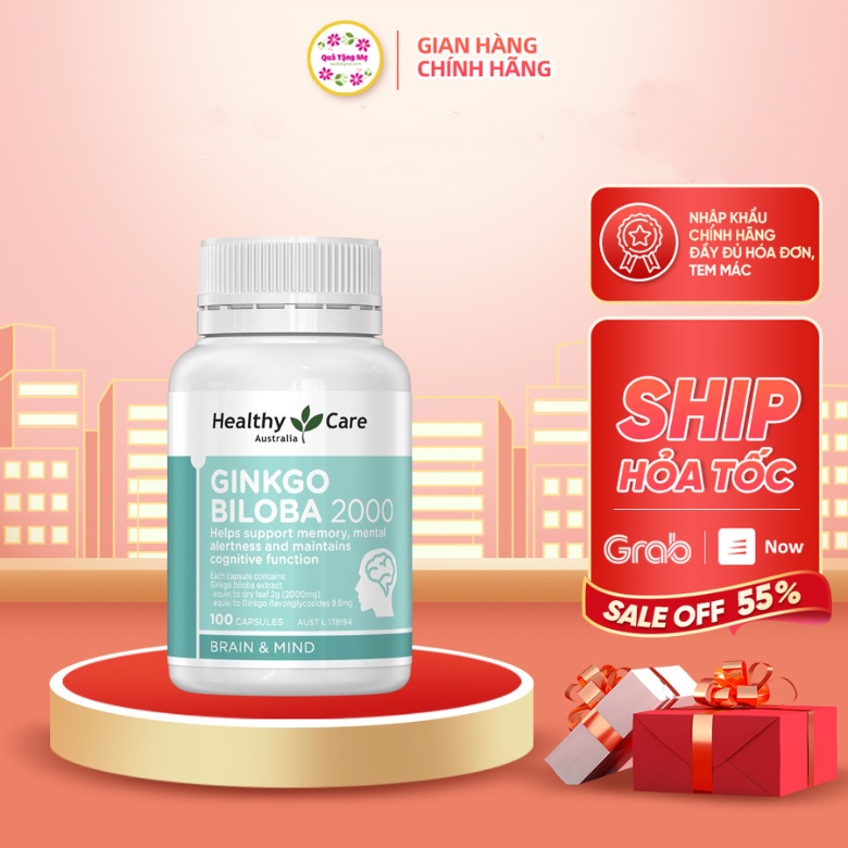 Viên uống bổ não Healthy Care Ginkgo Biloba 2000 tuần hoàn lưu thông máu 100 viên Qùa Tặng Mẹ