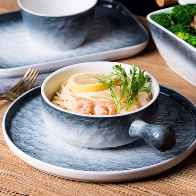 Link tách lẻ set bát đĩa sứ vân đá sóng nước xanh đĩa bít tết, salat đồ Âu cao cấp