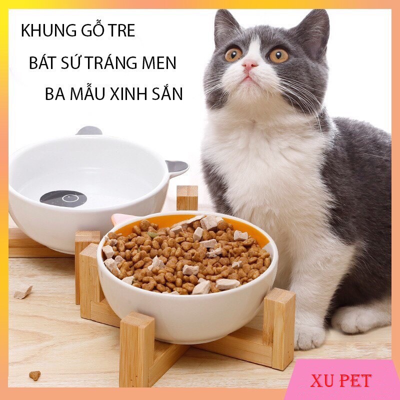 Bát Ăn Bằng Sứ Tráng Men Cho Chó Mèo Có Đế Bằng Gỗ Sang Trọng