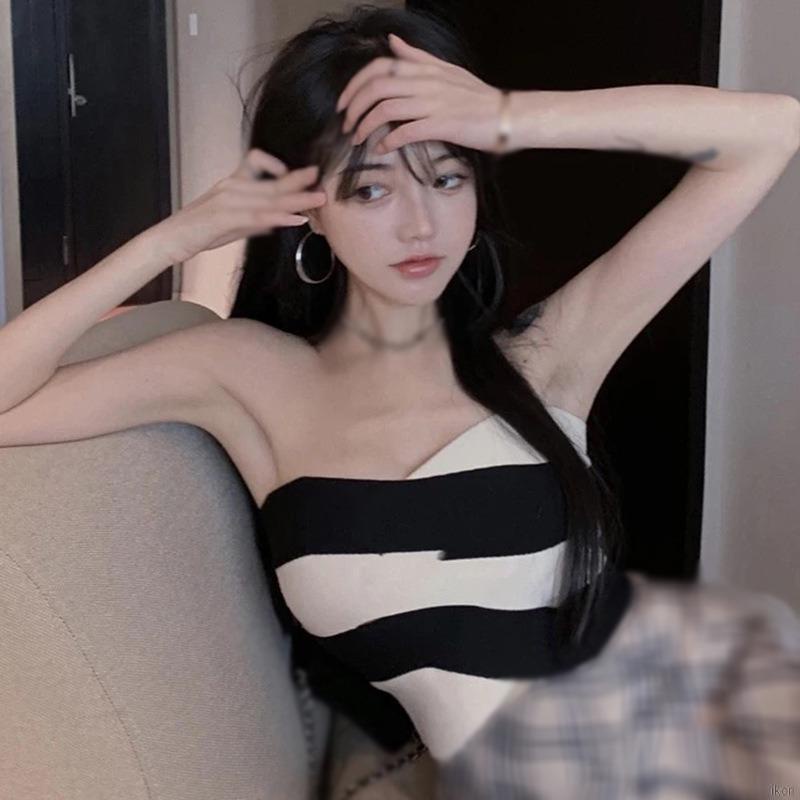 Áo ống croptop dệt kim phối sọc hai dây màu sắc cổ điển thời trang độc đáo dành cho nữ