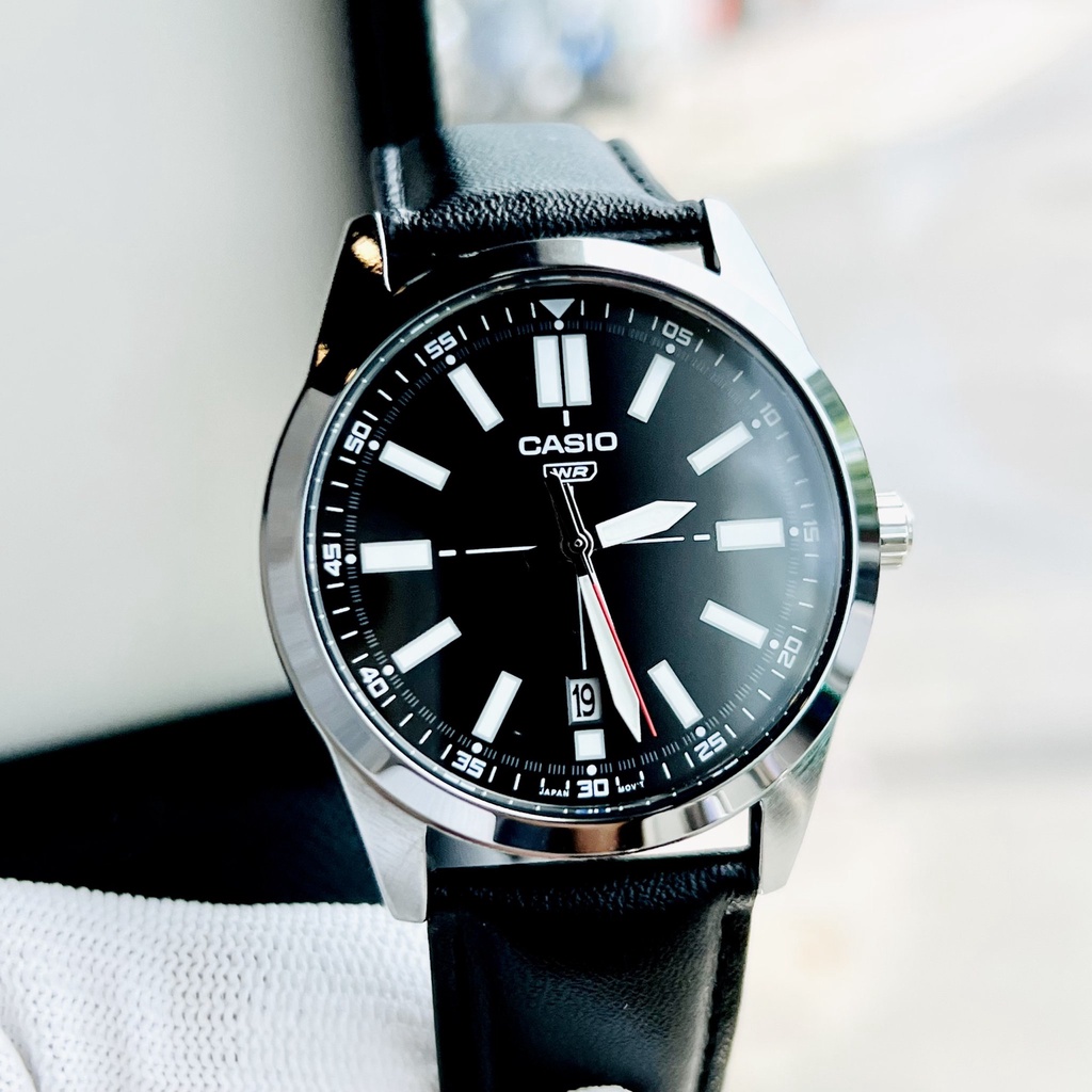Đồng hồ Nam dây da Casio MTP VD02L-1E Mặt đen dạ quang chống nước 50M Bảo hành 1 năm Hyma watch