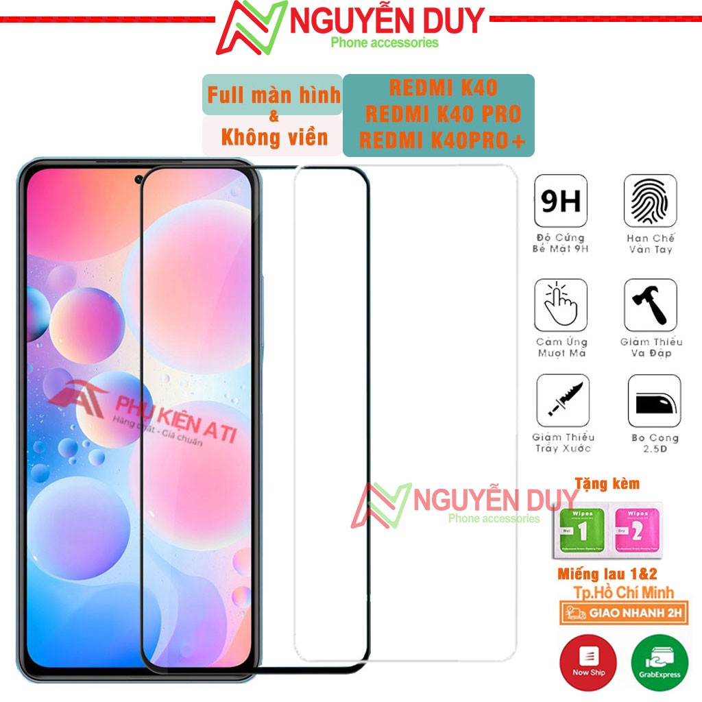 Kính cường lực Redmi K40 / K40 Pro / K30 Pro - Full màn hình 9D & Không viền- Độ cứng 9H-Chuẩn mã-Tặng Kèm Khăn Lau