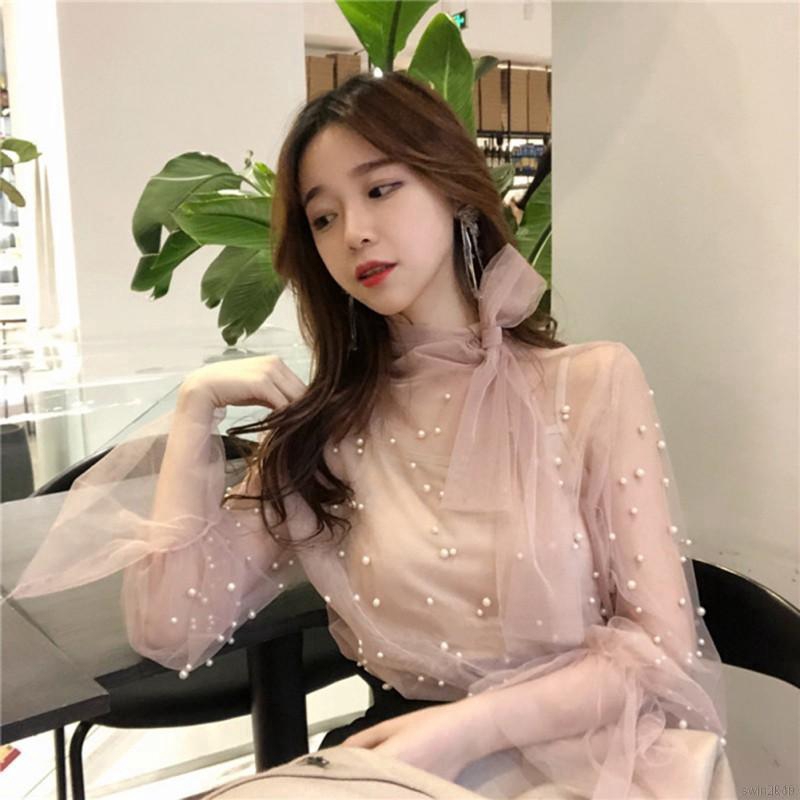 Áo kiểu tay loe dài phối lưới thắt nơ thời trang nữ High quality Tops