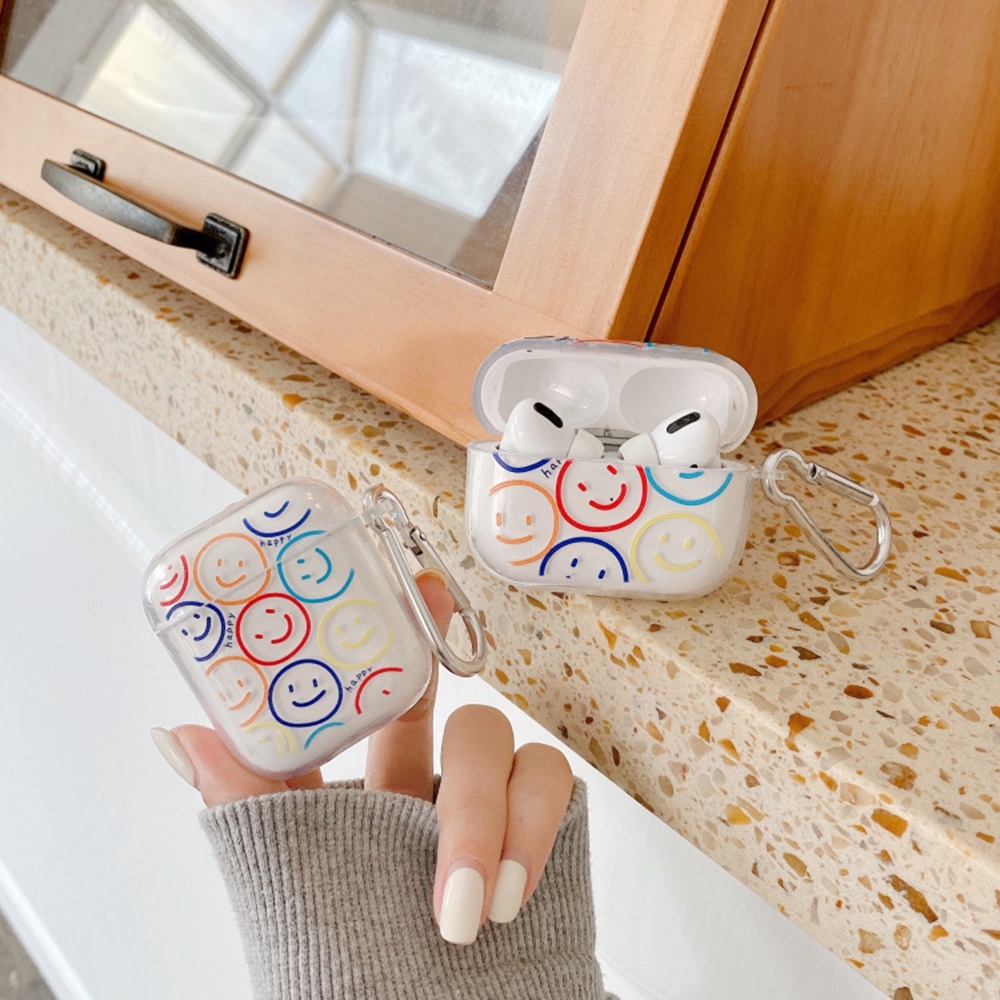 Vỏ bảo vệ hộp sạc tai nghe họa tiết mặt cười trong suốt thích hợp cho Airpods 1 / 2 / Pro