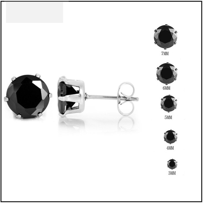 BÔNG TAI INOX ĐÁ TRÒN ĐEN ĐẸP CÁ TÍNH 3MM