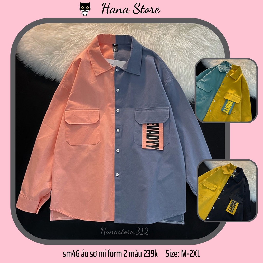 Sm46 áo sơ mi tay dài phối 2 màu unisex