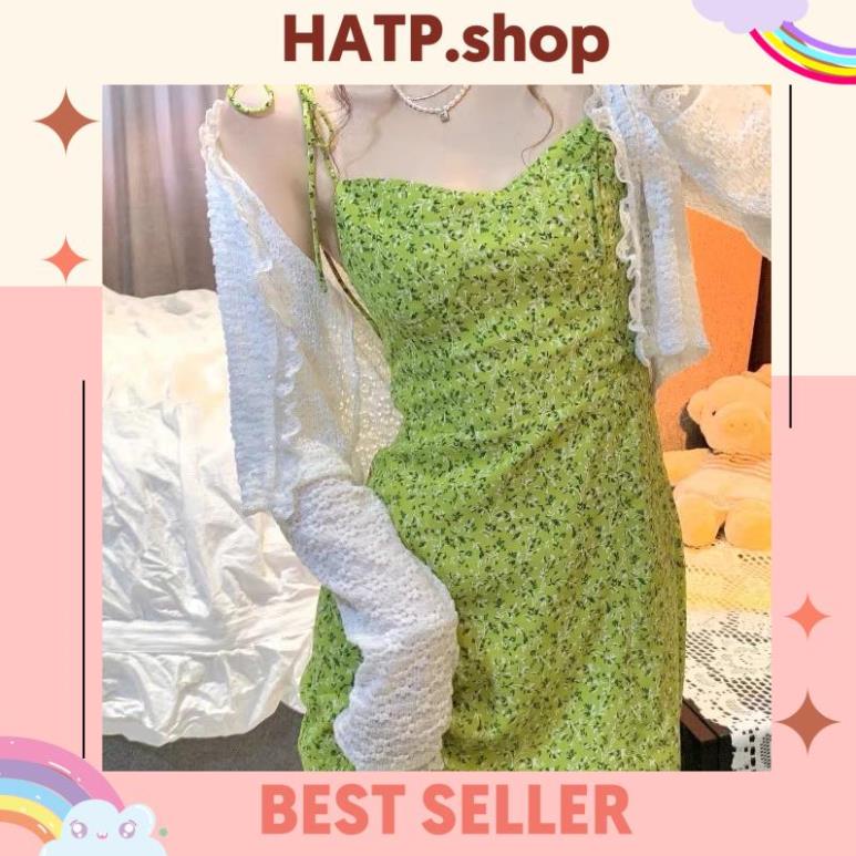 (HATP.shop) sét váy màu xanh lá hoa nhí gồm áo len khoác ngoài / váy hai dây body Xẻ tà hàng quảng châu - Hàng mới về
