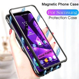 Ốp điện thoại kính cường lực viền kim loại nam châm cho Samsung Galaxy J8 J6 J4 A7 A9 2018 / C7 C9 pro / J4 J6 A6 A8 plus