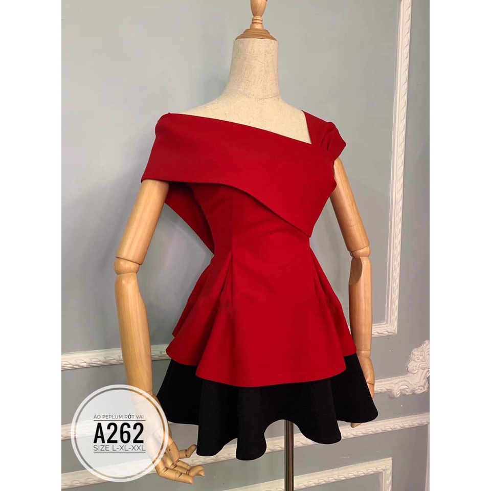 (60-90KG) CÓ ẢNH THẬT BIGSIZE Áo peplum rớt vai A262 Màu sắc: đỏ - đen 🧶Chất liệu: vải cotton thái