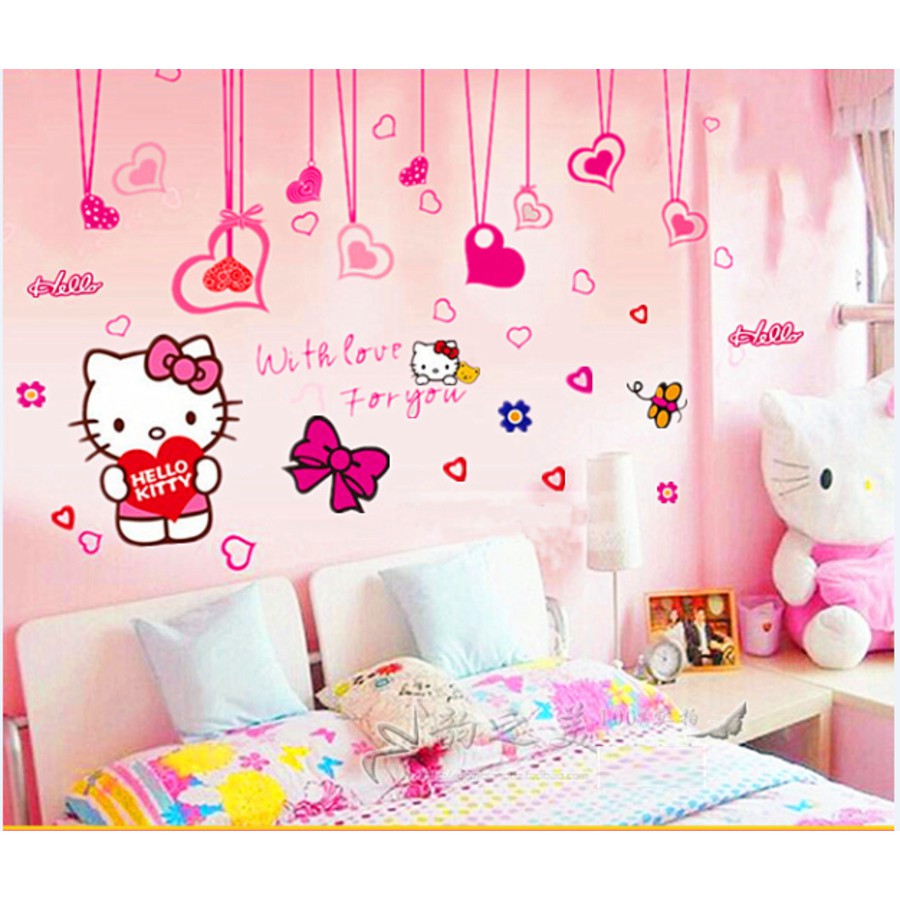 Decal trang trí phòng bé hello kitty - Giấy dán tường màu hồng cho bé gái có keo sẵn, lau chùi dễ dàng không thấm nước